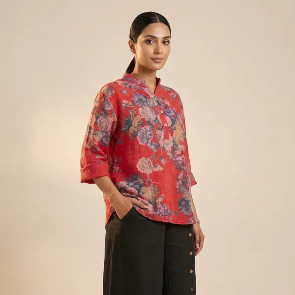 Red_Cotton_Linen_Printed_Shirt_For_Women