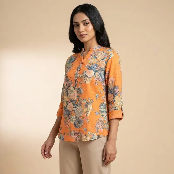 Orange_Cotton_Linen_Printed_Shirt_For_Women