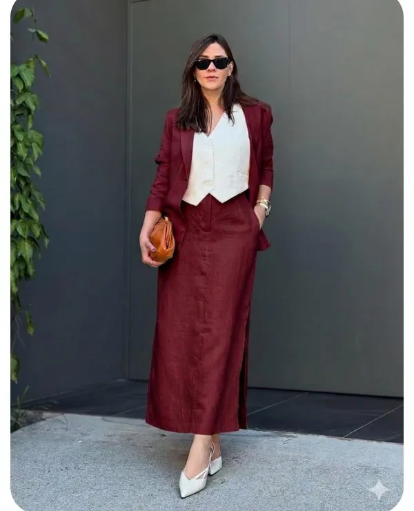 Wine_Cotton_Linen_Blazer_Set_For_Women