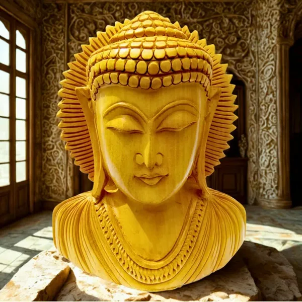 Wooden_Buddha_Head_Statue_With_Lotus_Back_Design_And_Golden_Finish_And_Handcrafted_Elephant_Figurine_And_Decorative_Showpiece_Pack_Of_2