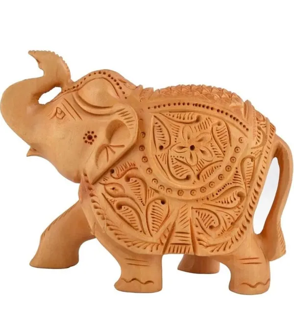 Handcrafted_Wooden_Elephant_Showpiece_With_Intricate_Carvings_And_Buddha_Head_Sculpture_With_Intricately_Carved_Hair_Pack_Of_2