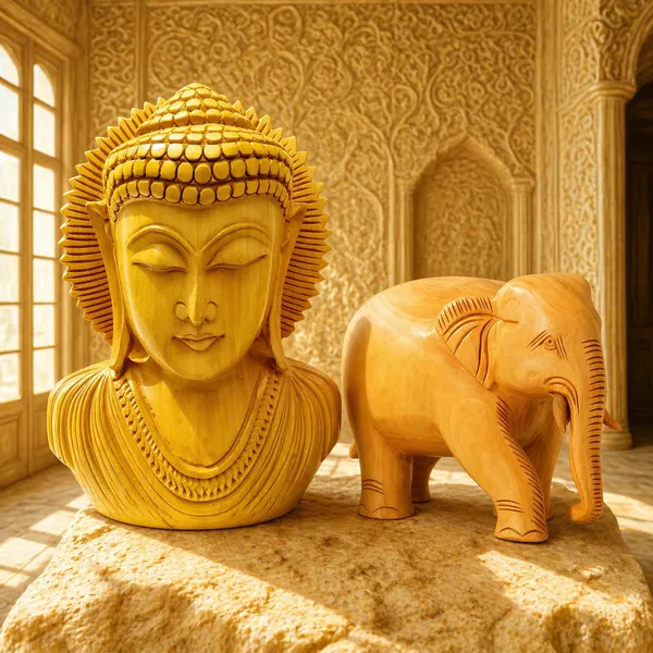 Wooden_Buddha_Head_Statue_With_Lotus_Back_Design_And_Golden_Finish_And_Handcrafted_Elephant_Figurine_And_Decorative_Showpiece_Pack_Of_2