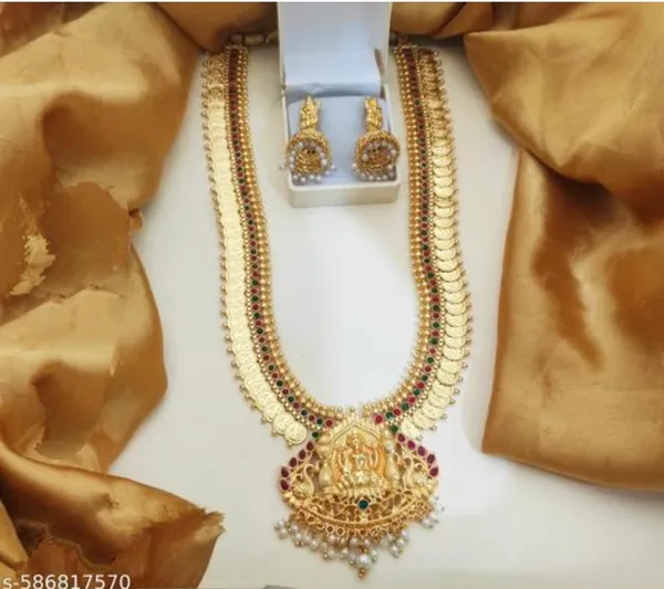Mansi_Jewl_Point_Traditional_Temple_Design_Gold_Plated_Long_Haram_Necklace_Set_with_Jhumka_Earrings_for_Women_&_Girls,Women_Gold_Plated_Temple_Jewellery_Set_|_Long_Haram_Necklace_with_Lakshmi_Pendant_&_Matching_Jhumka_Earrings_|_Bridal_&_Festive_Wear