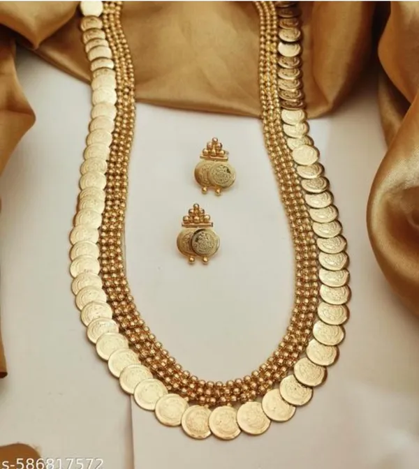Mansi_Jewl_Point_Traditional_Temple_Design_Gold_Plated_Long_Haram_Necklace_Set_with_Jhumka_Earrings_for_Women_&_Girls,Women_Gold_Plated_Temple_Jewellery_Set_|_Long_Haram_Necklace_with_Lakshmi_Pendant_&_Matching_Jhumka_Earrings_|_Bridal_&_Festive_Wear
