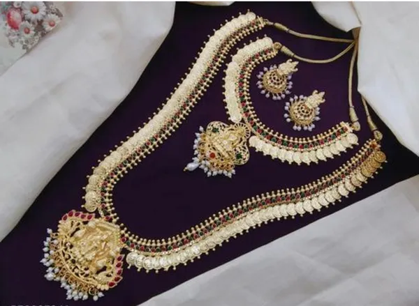 Traditional_South_Indian_Bridal_Jewelry_Set__Gold_Plated_Temple_Necklace_With_Lakshmi_Pendant,_Earrings_&_Tikka
