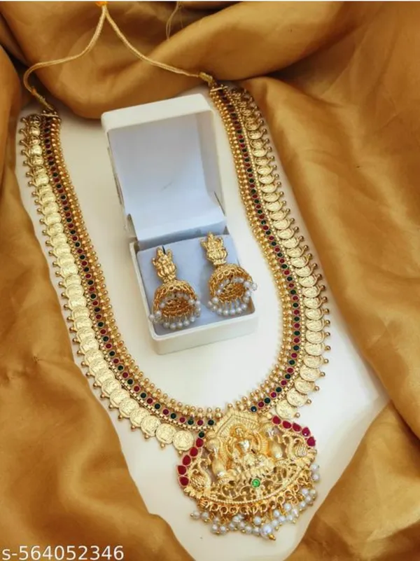Mansi_Jewl_Point_Traditional_Temple_Design_Gold_Plated_Long_Haram_Necklace_Set_with_Jhumka_Earrings_for_Women_&_Girls,Women_Gold_Plated_Temple_Jewellery_Set_|_Long_Haram_Necklace_with_Lakshmi_Pendant_&_Matching_Jhumka_Earrings_|_Bridal_&_Festive_Wear