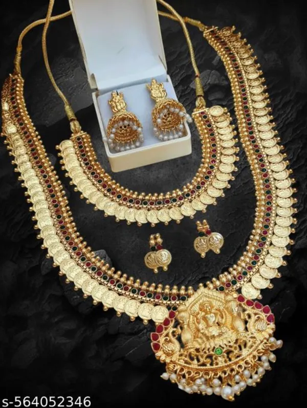 Mansi_Jewl_Point_Traditional_Temple_Design_Gold_Plated_Long_Haram_Necklace_Set_with_Jhumka_Earrings_for_Women_&_Girls,Women_Gold_Plated_Temple_Jewellery_Set_|_Long_Haram_Necklace_with_Lakshmi_Pendant_&_Matching_Jhumka_Earrings_|_Bridal_&_Festive_Wear