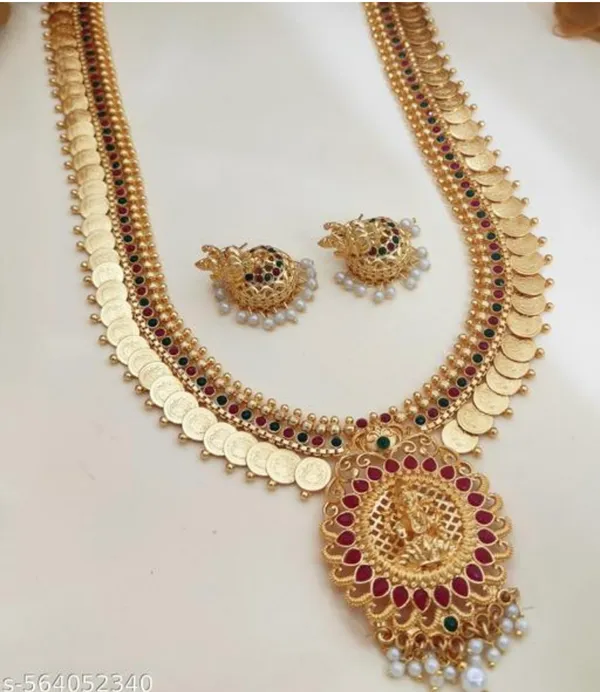 Mansi_Jewl_Point_Traditional_Temple_Design_Gold_Plated_Long_Haram_Necklace_Set_with_Jhumka_Earrings_for_Women_&_Girls,Women_Gold_Plated_Temple_Jewellery_Set_|_Long_Haram_Necklace_with_Lakshmi_Pendant_&_Matching_Jhumka_Earrings_|_Bridal_&_Festive_Wear
