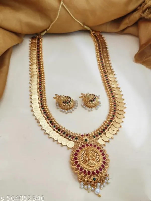 Mansi_Jewl_Point_Traditional_Temple_Design_Gold_Plated_Long_Haram_Necklace_Set_with_Jhumka_Earrings_for_Women_&_Girls,Women_Gold_Plated_Temple_Jewellery_Set_|_Long_Haram_Necklace_with_Lakshmi_Pendant_&_Matching_Jhumka_Earrings_|_Bridal_&_Festive_Wear