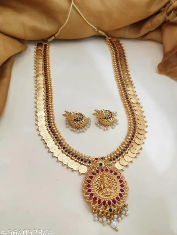 Mansi_Jewl_Point_Traditional_Temple_Design_Gold_Plated_Long_Haram_Necklace_Set_with_Jhumka_Earrings_for_Women_&_Girls,Women_Gold_Plated_Temple_Jewellery_Set_|_Long_Haram_Necklace_with_Lakshmi_Pendant_&_Matching_Jhumka_Earrings_|_Bridal_&_Festive_Wear