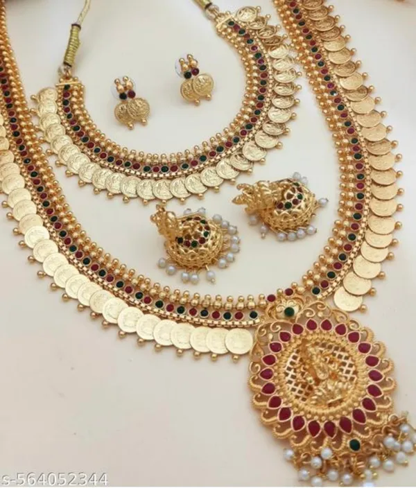 Mansi_Jewl_Point_Traditional_Temple_Design_Gold_Plated_Long_Haram_Necklace_Set_with_Jhumka_Earrings_for_Women_&_Girls,Women_Gold_Plated_Temple_Jewellery_Set_|_Long_Haram_Necklace_with_Lakshmi_Pendant_&_Matching_Jhumka_Earrings_|_Bridal_&_Festive_Wear