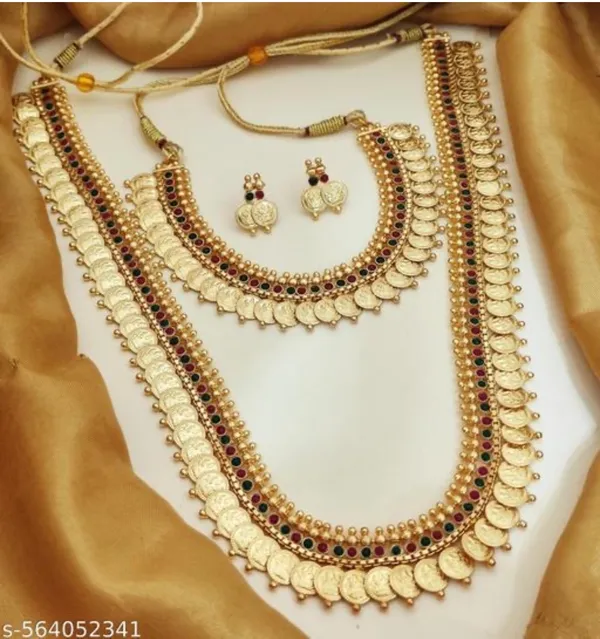Mansi_Jewl_Point_Traditional_Temple_Design_Gold_Plated_Long_Haram_Necklace_Set_with_Jhumka_Earrings_for_Women_&_Girls,Women_Gold_Plated_Temple_Jewellery_Set_|_Long_Haram_Necklace_with_Lakshmi_Pendant_&_Matching_Jhumka_Earrings_|_Bridal_&_Festive_Wear