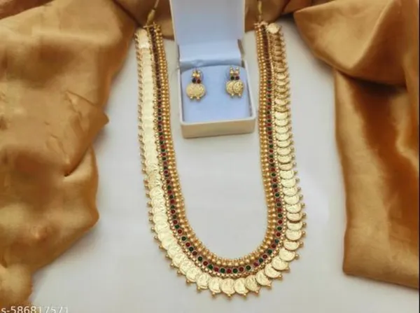 Mansi_Jewl_Point_Traditional_Temple_Design_Gold_Plated_Long_Haram_Necklace_Set_with_Jhumka_Earrings_for_Women_&_Girls,Women_Gold_Plated_Temple_Jewellery_Set_|_Long_Haram_Necklace_with_Lakshmi_Pendant_&_Matching_Jhumka_Earrings_|_Bridal_&_Festive_Wear