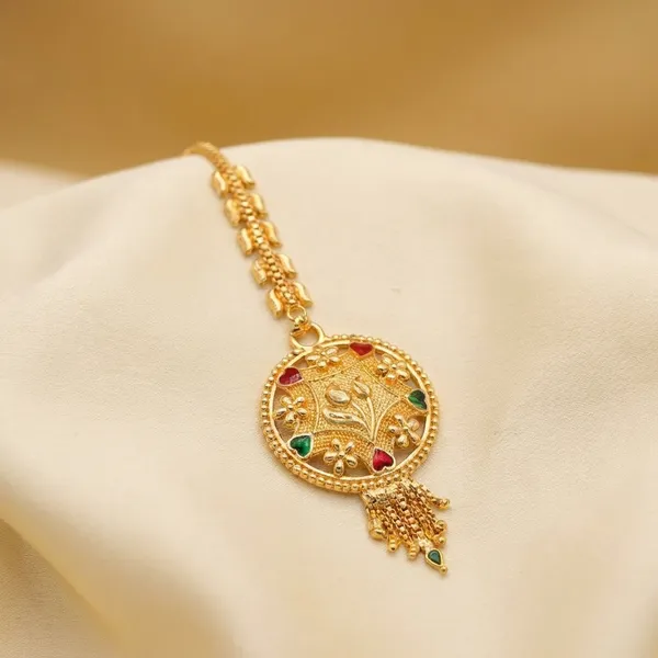 Traditional_Gold_Plated_Maang_Tikka_With_Peacock_Design_And_Colorful_Stone_Work