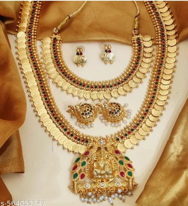 Mansi_Jewl_Point_Traditional_Temple_Design_Gold_Plated_Long_Haram_Necklace_Set_with_Jhumka_Earrings_for_Women_&_Girls,Women_Gold_Plated_Temple_Jewellery_Set_|_Long_Haram_Necklace_with_Lakshmi_Pendant_&_Matching_Jhumka_Earrings_|_Bridal_&_Festive_Wear