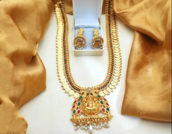 Mansi_Jewl_Point_Traditional_Temple_Design_Gold_Plated_Long_Haram_Necklace_Set_with_Jhumka_Earrings_for_Women_&_Girls,Women_Gold_Plated_Temple_Jewellery_Set_|_Long_Haram_Necklace_with_Lakshmi_Pendant_&_Matching_Jhumka_Earrings_|_Bridal_&_Festive_Wear