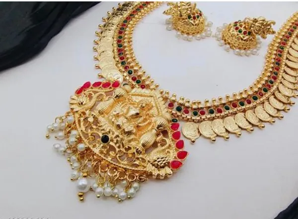 Traditional_South_Indian_Bridal_Jewelry_Set__Gold_Plated_Temple_Necklace_With_Lakshmi_Pendant,_Earrings_&_Tikka