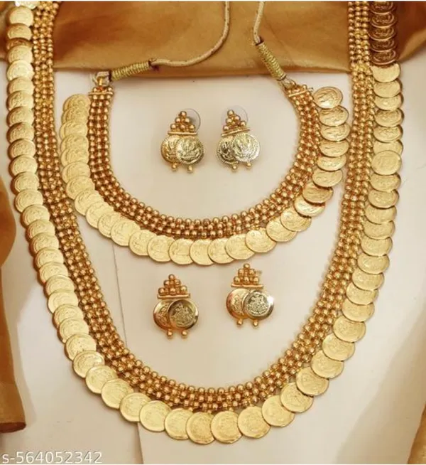 Mansi_Jewl_Point_Traditional_Temple_Design_Gold_Plated_Long_Haram_Necklace_Set_with_Jhumka_Earrings_for_Women_&_Girls,Women_Gold_Plated_Temple_Jewellery_Set_|_Long_Haram_Necklace_with_Lakshmi_Pendant_&_Matching_Jhumka_Earrings_|_Bridal_&_Festive_Wear