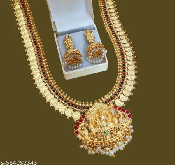 Mansi_Jewl_Point_Traditional_Temple_Design_Gold_Plated_Long_Haram_Necklace_Set_with_Jhumka_Earrings_for_Women_&_Girls,Women_Gold_Plated_Temple_Jewellery_Set_|_Long_Haram_Necklace_with_Lakshmi_Pendant_&_Matching_Jhumka_Earrings_|_Bridal_&_Festive_Wear