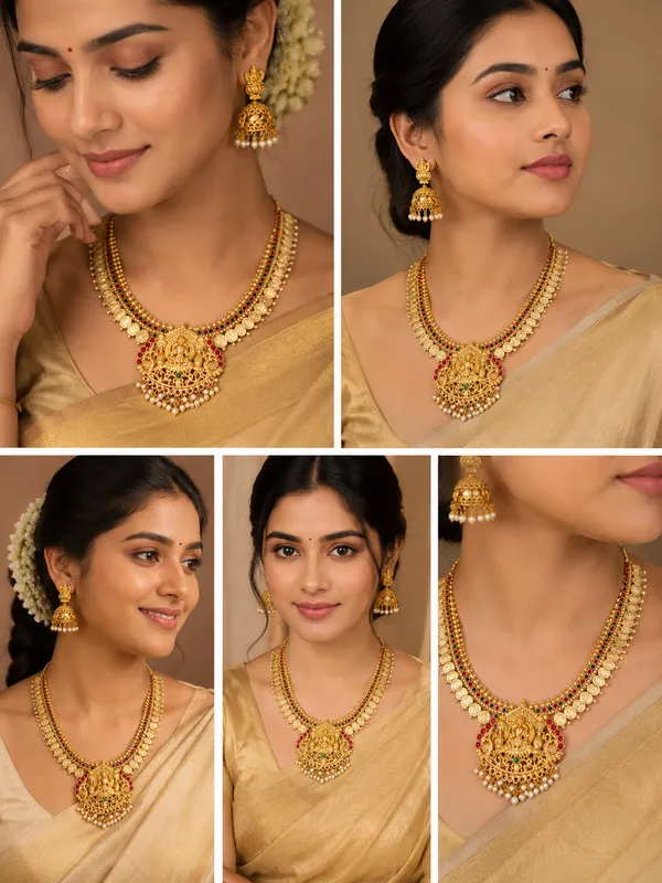 Mansi_Jewl_Point_Traditional_Temple_Design_Gold_Plated_Long_Haram_Necklace_Set_with_Jhumka_Earrings_for_Women_&_Girls,Women_Gold_Plated_Temple_Jewellery_Set_|_Long_Haram_Necklace_with_Lakshmi_Pendant_&_Matching_Jhumka_Earrings_|_Bridal_&_Festive_Wear