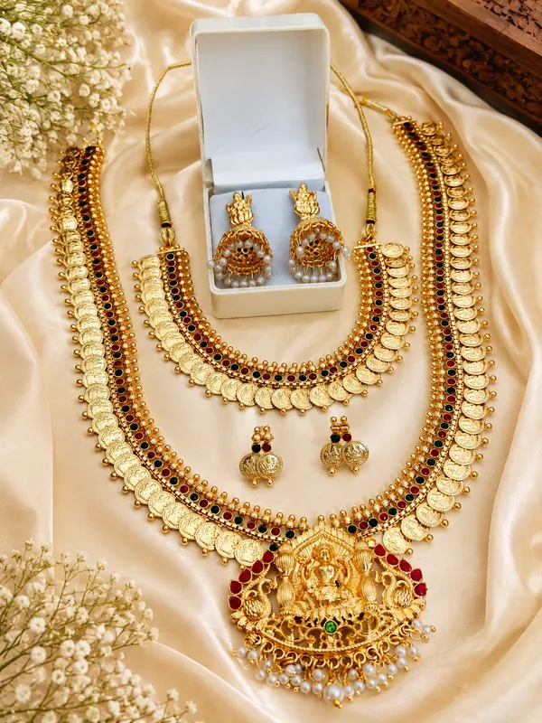Mansi_Jewl_Point_Traditional_Temple_Design_Gold_Plated_Long_Haram_Necklace_Set_with_Jhumka_Earrings_for_Women_&_Girls,Women_Gold_Plated_Temple_Jewellery_Set_|_Long_Haram_Necklace_with_Lakshmi_Pendant_&_Matching_Jhumka_Earrings_|_Bridal_&_Festive_Wear