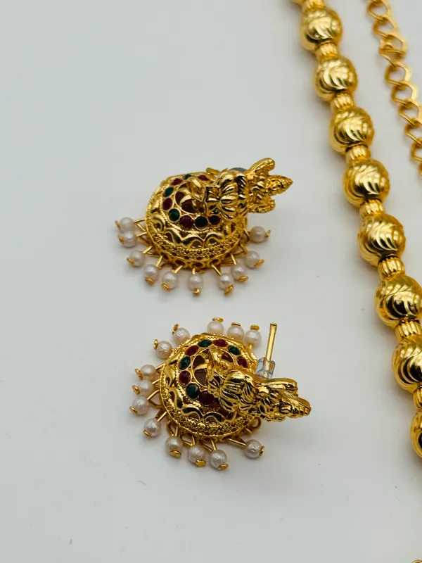 Mansi_Jewl_Point_Traditional_Temple_Design_Gold_Plated_Long_Haram_Necklace_Set_with_Jhumka_Earrings_for_Women_&_Girls,Women_Gold_Plated_Temple_Jewellery_Set_|_Long_Haram_Necklace_with_Lakshmi_Pendant_&_Matching_Jhumka_Earrings_|_Bridal_&_Festive_Wear