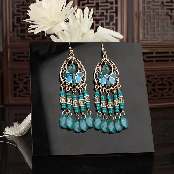 Teal_Floral_Crystal_Tassel_Earrings