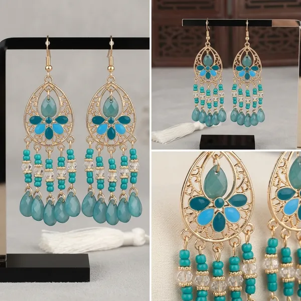 Teal_Floral_Crystal_Tassel_Earrings