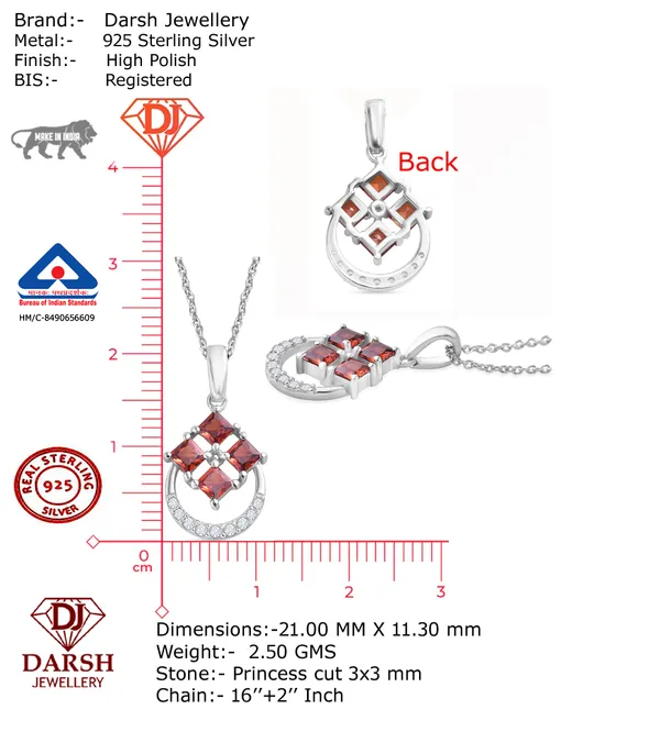 925_Silver_Pendant_Necklace_With_Ruby_Red_Square_Gemstones_And_Halo_Accents