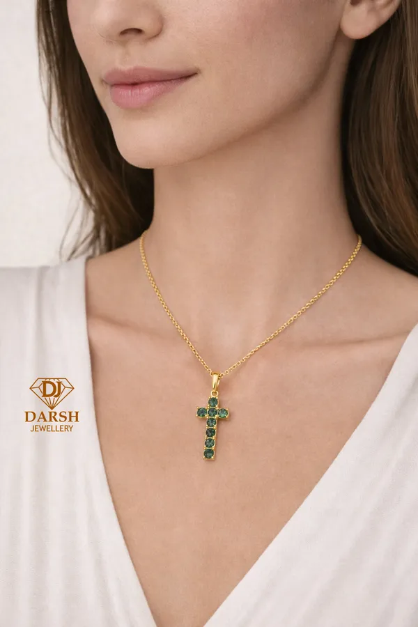 925_Silver_Green_Cubic_Zirconia_Cross_Pendant_with_Chain_Gold_Plated_Religious_Jewelry