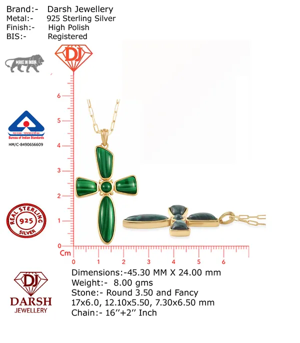 925_Silver_Malachite_Cross_Pendant_with_Chain_|Yellow_Gold_Plated_BIS_Registered_6_Months_Warranty