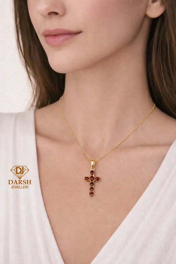 925_Silver_Red_Cubic_Zirconia_Cross_Pendant_with_Chain_Gold_Plated_Religious_Jewelry