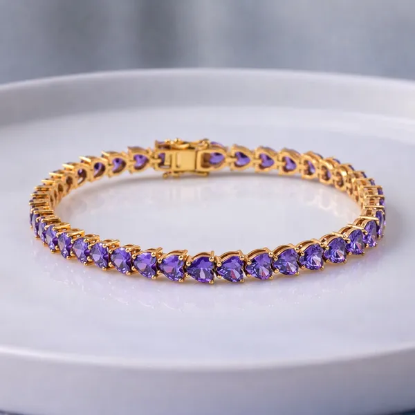 925_Sterling_Silver_Amethyst_CZ_Heart_Bracelet_Gold_Plated_925_Silver_Bracelet_Handmade_Elegant_Jewelry_BIS_Registered