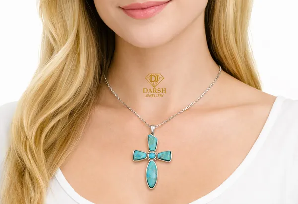 925_Silver_Turquoise_Cross_Pendant_with_Chain_|_BIS_Hallmarked_|_Genuine_Turquoise_Gemstones_|_6_Months_Warranty