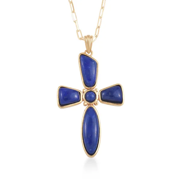 925_Silver_Lapis_Lazuli_Cross_Pendant_with_Chain_|Yellow_Gold_Plated_BIS_Registered_6_Months_Warranty