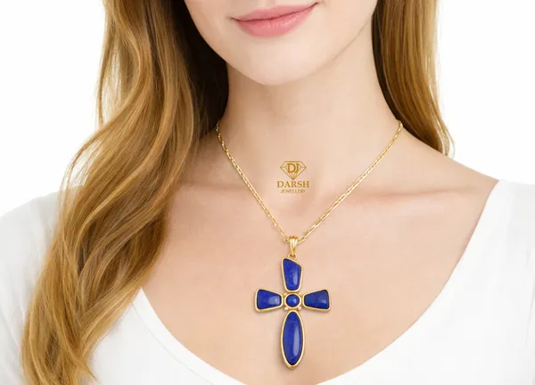 925_Silver_Lapis_Lazuli_Cross_Pendant_with_Chain_|Yellow_Gold_Plated_BIS_Registered_6_Months_Warranty
