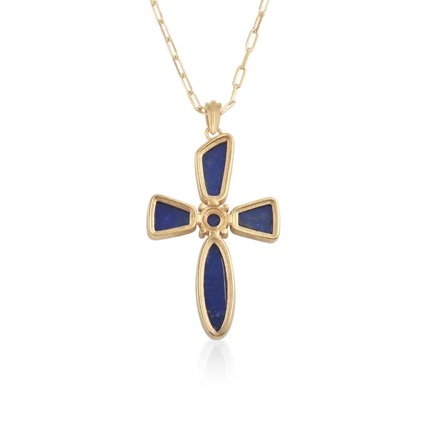 925_Silver_Lapis_Lazuli_Cross_Pendant_with_Chain_|Yellow_Gold_Plated_BIS_Registered_6_Months_Warranty