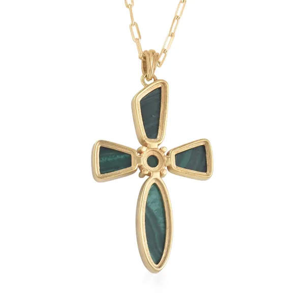 925_Silver_Malachite_Cross_Pendant_with_Chain_|Yellow_Gold_Plated_BIS_Registered_6_Months_Warranty