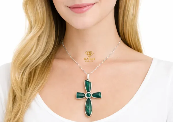 925_Silver_Malachite_Cross_Pendant_with_Chain_|Yellow_Gold_Plated_BIS_Registered_6_Months_Warranty