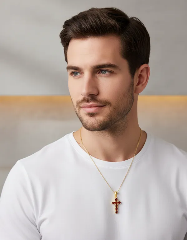 925_Silver_Red_Cubic_Zirconia_Cross_Pendant_with_Chain_Gold_Plated_Religious_Jewelry