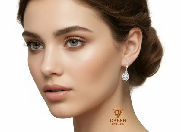 925_Sterling_Silver_White_Cz_Halo_Earrings_With_Gold_Plated_For_Women_With_Framed_Round_Stone_Setting__Beautiful_Party_Wear_Drop_Earrings