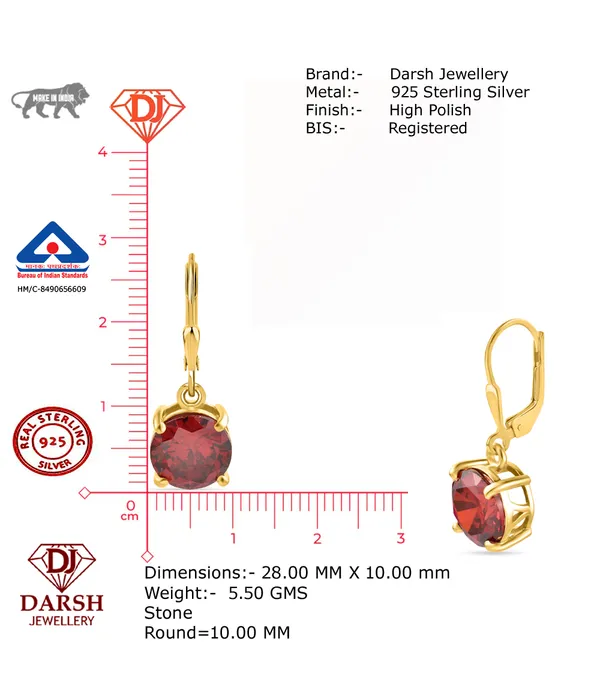 925_Sterling_Silver_Solitaire_Earrings_Red_Ruby_CZ_Stones_Gold_Plated__Beautiful_Party_Wear_Silver_Drop_Earrings