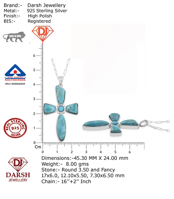 925_Silver_Turquoise_Cross_Pendant_with_Chain_|_BIS_Hallmarked_|_Genuine_Turquoise_Gemstones_|_6_Months_Warranty