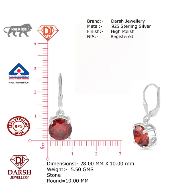 925_Sterling_Silver_Solitaire_Earrings_Red_Ruby_CZ_Stones_Rhodium_Plated__Beautiful_Gift_for_Her_Silver__Drop_Earrings