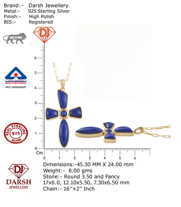 925_Silver_Lapis_Lazuli_Cross_Pendant_with_Chain_|Yellow_Gold_Plated_BIS_Registered_6_Months_Warranty
