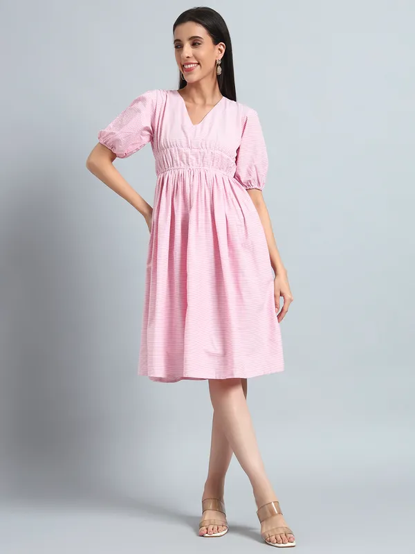 VALUE_CREATION_Striped_Puff_Sleeve_Fit_&_Flare_Dress