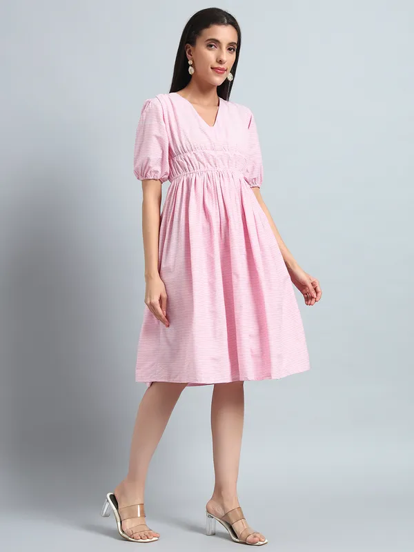 VALUE_CREATION_Striped_Puff_Sleeve_Fit_&_Flare_Dress