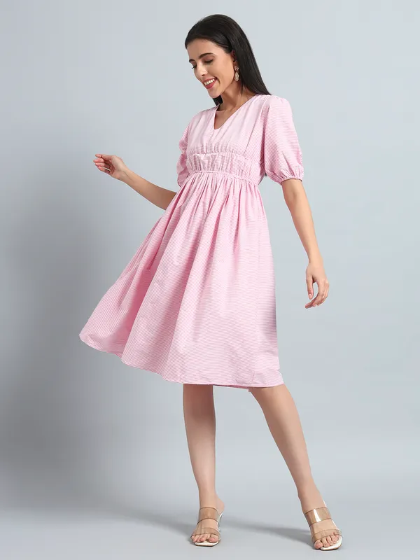 VALUE_CREATION_Striped_Puff_Sleeve_Fit_&_Flare_Dress