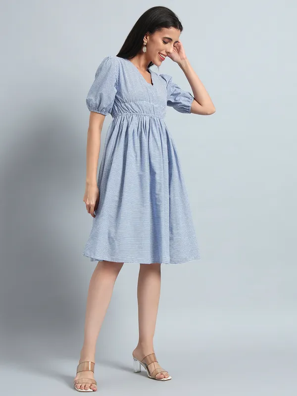 VALUE_CREATION_Striped_Puff_Sleeve_Fit_&_Flare_Dress
