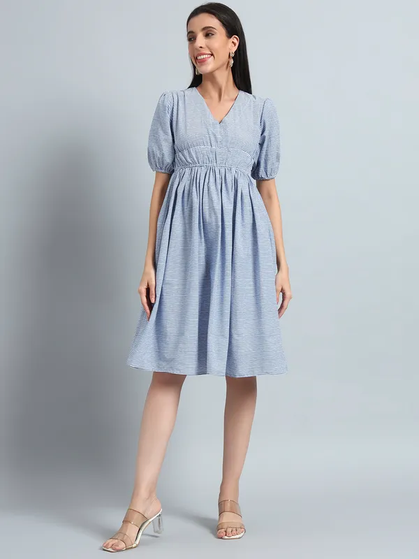 VALUE_CREATION_Striped_Puff_Sleeve_Fit_&_Flare_Dress